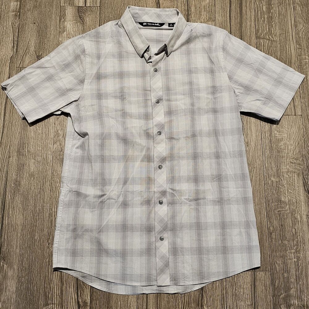 Travis Mathew Men's Gray Plaid Short Sleeve Button Up Golf Shirt Nylon Blend Med